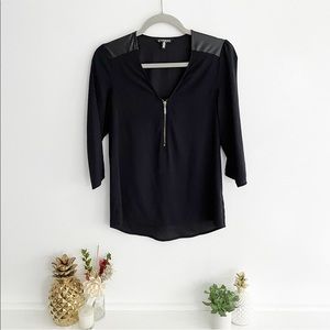 Express V-Neck Faux Leather Shoulder Blouse Top